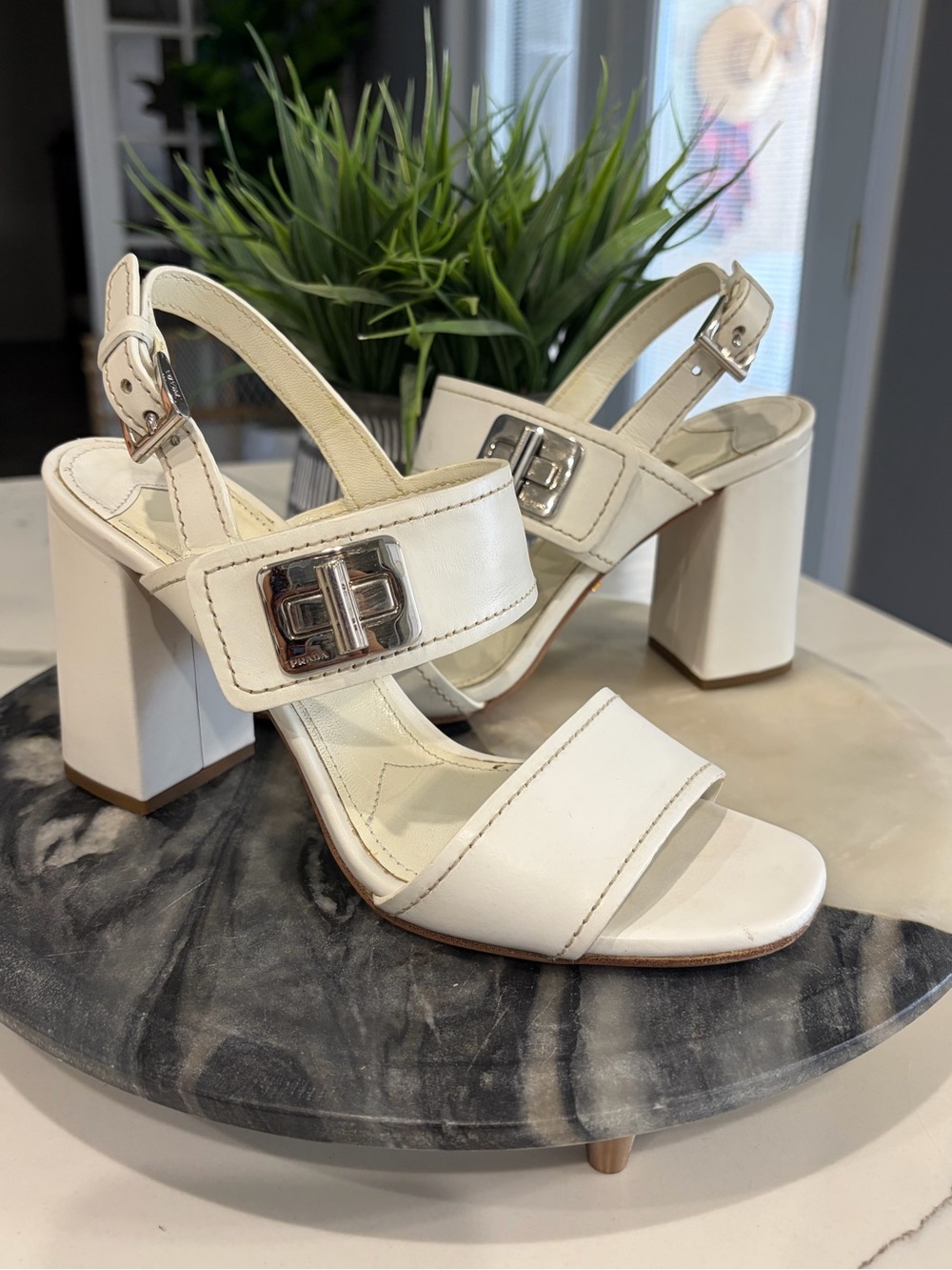 Prada White Block Heel Leather Sandals with Buckle Accent 35